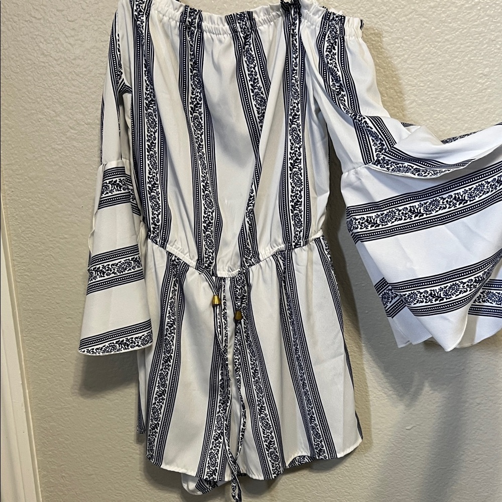 Striped Off-Shoulder Jumpsuit - White and Blue